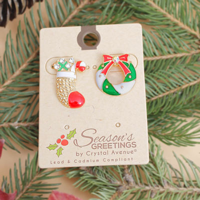 Charming Holiday Duo: Stocking and Wreath Mismatched Studs