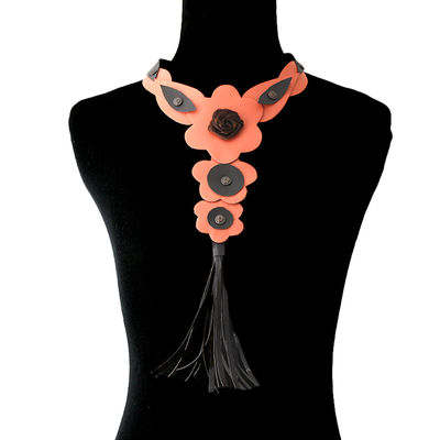 Coral Coral Leather Rose and Tassel Choker Necklace-thumnail