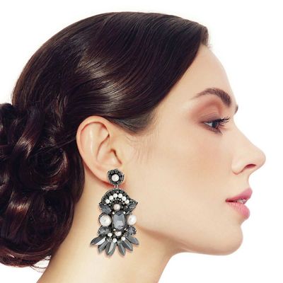 Embroidered Pearl Black Stone Earrings-thumnail