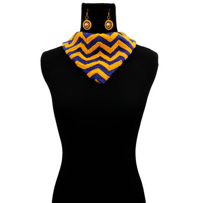 Handmade Embroidered Scarf Necklace Set with Chevron Pattern Yellow and Blue Beads-thumnail