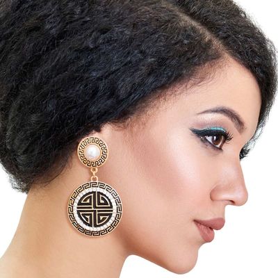 Gold Black Round Greek Key Charm Earrings-thumnail
