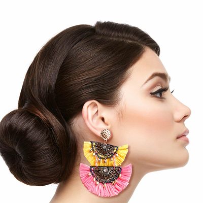 Yellow and Pink Raffia Tassel Earrings-thumnail