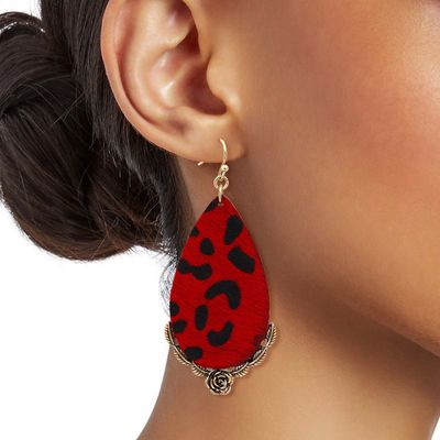 Red Leather Animal Print Teardrop Earrings-thumnail