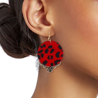 Red Leather Animal Print Circle Earrings-thumnail
