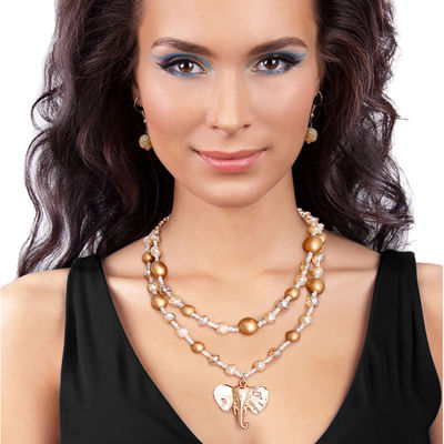 Neutral Glass Bead Elephant Necklace-thumnail