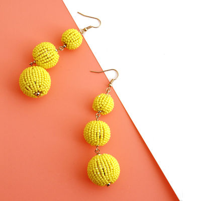Yellow Trio Seed Bead Ball Earrings-thumnail