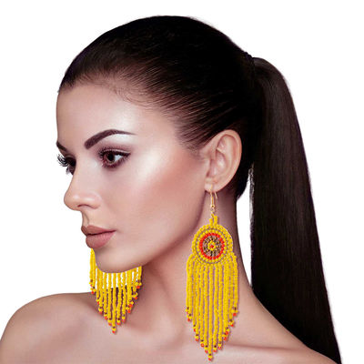 Yellow Seed Bead Fringe Round Earrings-thumnail