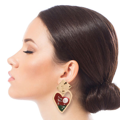 Gold and Red Resin Heart Earrings-thumnail