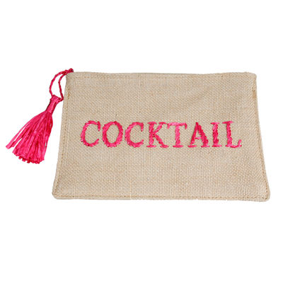 Burlap Clutch with Pink Raffia COCKTAIL Stitching-thumnail