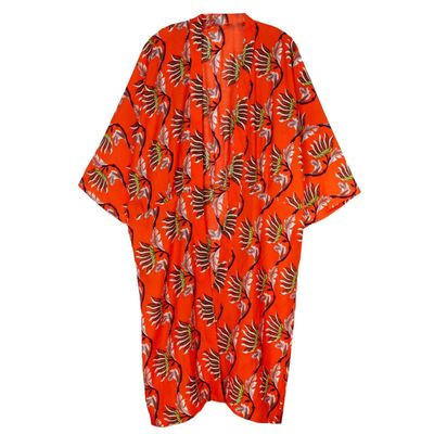 Orange Oriental Flower Long Kimono-thumnail