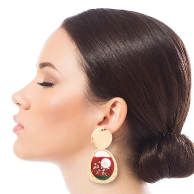 Gold and Red Resin Oval Earrings-thumnail