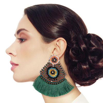 Floral Bead Green Tassel Earrings-thumnail