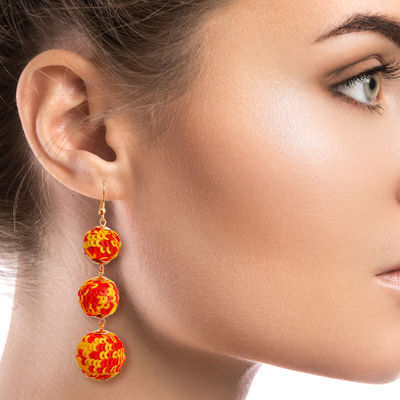 Yellow and Red Sequin Ball Earrings-thumnail
