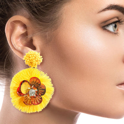 Yellow Sequin Flower Tassel Earrings-thumnail