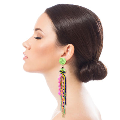 Multi Color Beaded Tassel Ball Earrings-thumnail