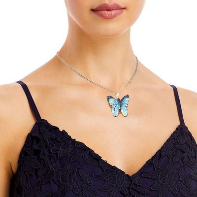 Blue Dipped Real Leaf Butterfly Necklace-thumnail