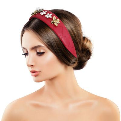 Designer Red Leather Bee Headband-thumnail