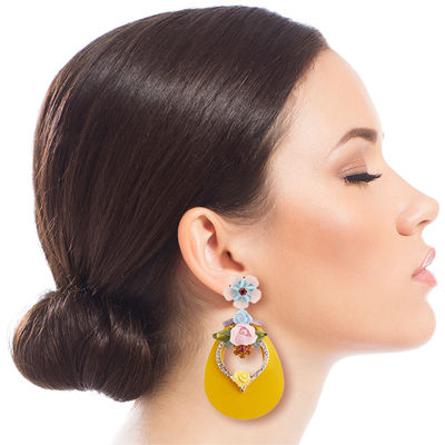 Yellow Teardrop Earrings with Rhinestone and Flower Detail-1