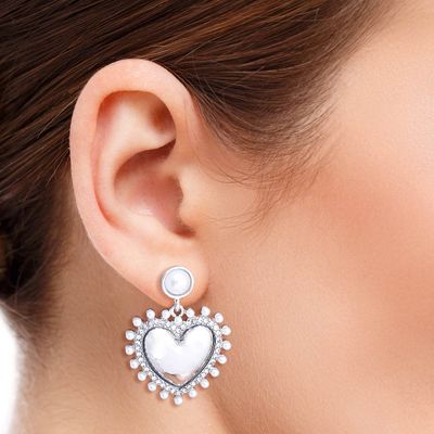White Pearl and Silver Heart Earrings-thumnail