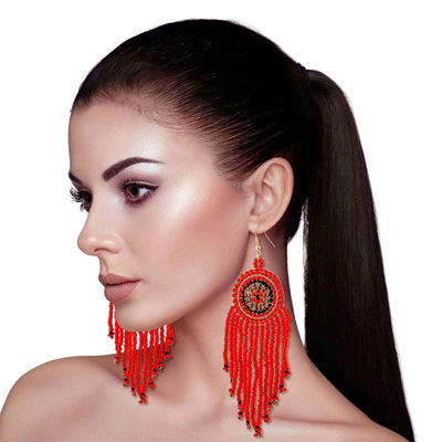 Red Seed Bead Fringe Round Earrings-thumnail