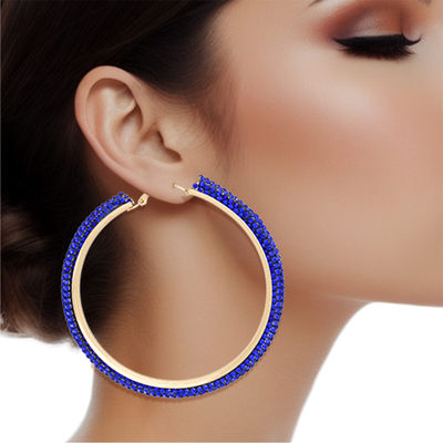 Hoop Royal Blue Tube Rhinestone 3" Earrings Women