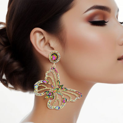 Clip On XLarge Pink Green Butterfly Earrings Women