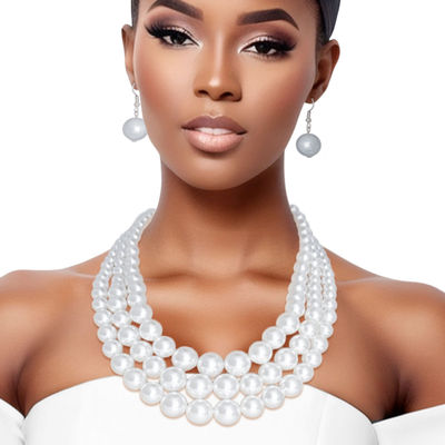 Pure Radiance: White Pearl 3-Strand Rhodium-Plated Layered Necklace Set 