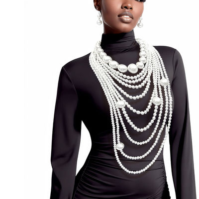Long Layered White Pearl Necklace Set Featuring Jumbo Pearls-1
