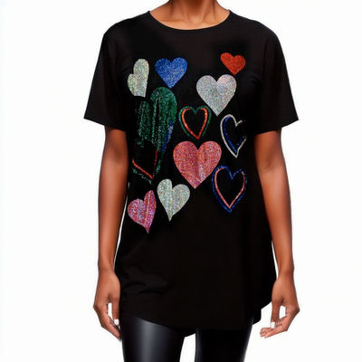 Short Sleeve T-Shirt Black Bling Hearts for Women
