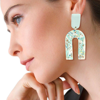 Turquoise Marbled Clay U Drop Earrings-thumnail