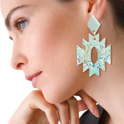 Turquoise Marbled Clay Aztec Earrings-thumnail