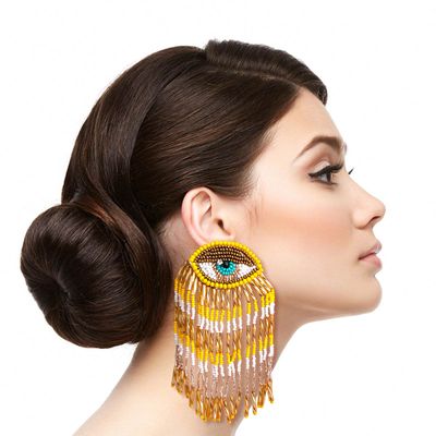 Yellow and Gold Bead Eye Fringe Earrings-thumnail