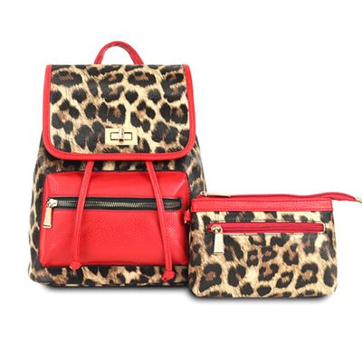 Red Leopard Flap Backpack Set