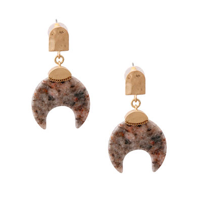Gold Drop Earrings Featuring Natural Gray Stone Horn Shaped Detail-thumnail