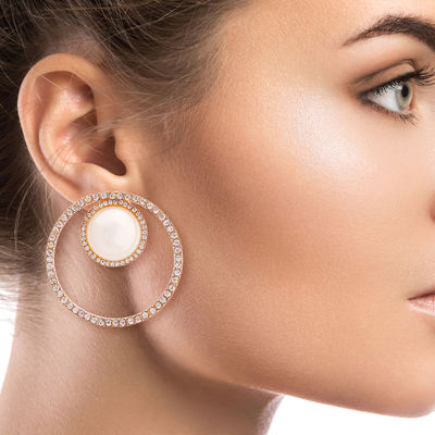 Cream Pearl Pave Round Earrings-thumnail