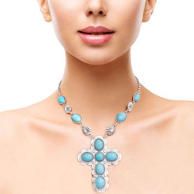 Turquoise Stone Silver Cross Necklace-thumnail