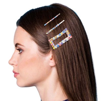 3 Pcs Multi Rhinestone Silver Rectangle Hair Pin Set-thumnail