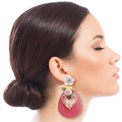 Pink Teardrop Earrings with Rhinestone and Flower Detail-thumnail
