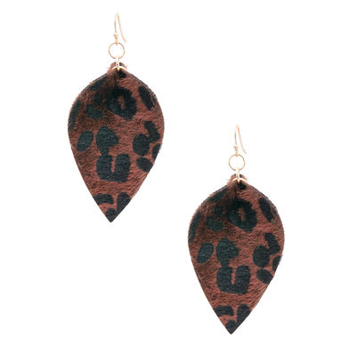 Small Brown Leopard Fur Leaf Earrings-thumnail