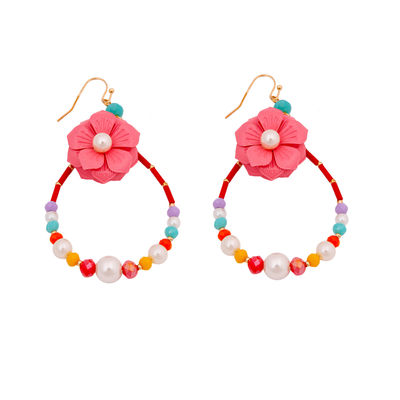 Multi Color Flower Teardrop Earrings with Pearl and Bead Detail-thumnail