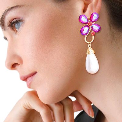 Purple Flower Pearl Teardrop Earrings-thumnail