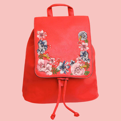 Red Embroidered Flower Backpack-thumnail