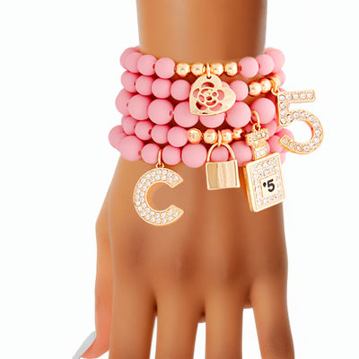 Matte Pink Chanel Inspired No. 5 Perfume Stretch Bracelet Set