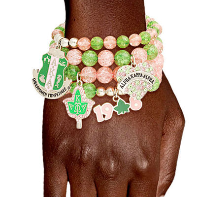 AKA Sorority Inspired Green Pink Charm Bracelets