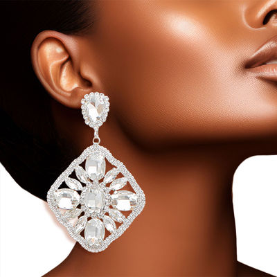 Silver Glass Crystal Diamond Earrings-thumnail