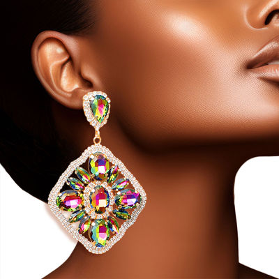 Pink Green Glass Crystal Diamond Earrings