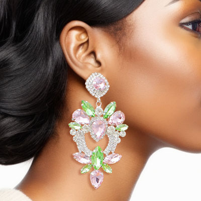 Light Pink Green Glass Crystal Heart Earrings-thumnail
