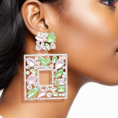 Light Pink Green Glass Crystal Square Earrings-thumnail