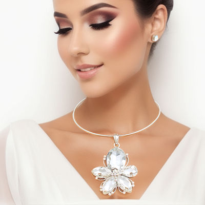 Silver Clear Crystal Flower Necklace