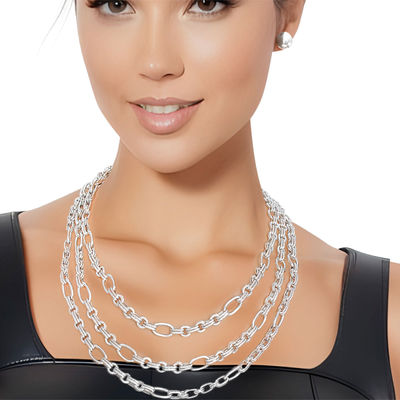 Necklace Silver Triple Chain Link Set for Women